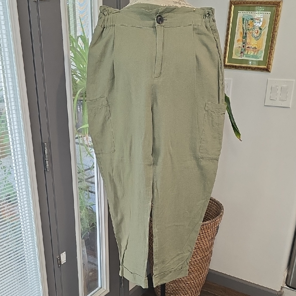 Zara Olive Green Linen Cargo Trousers